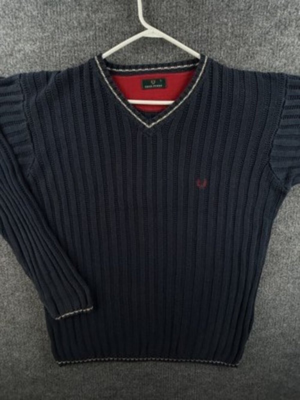 Fred Perry Heavyweight Large Logo V-Neck Blue Men Pullover Sweater Cotton Knit